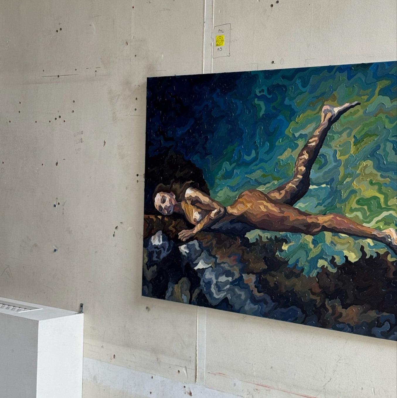 Abstract painting of a figure in a dynamic pose on a textured wall.